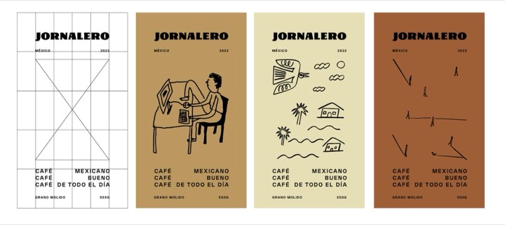 Coffee packaging series holding one rigid grid while swapping loose hand-drawn scenes and earth tones per variant, grid overlay shown alongside.
