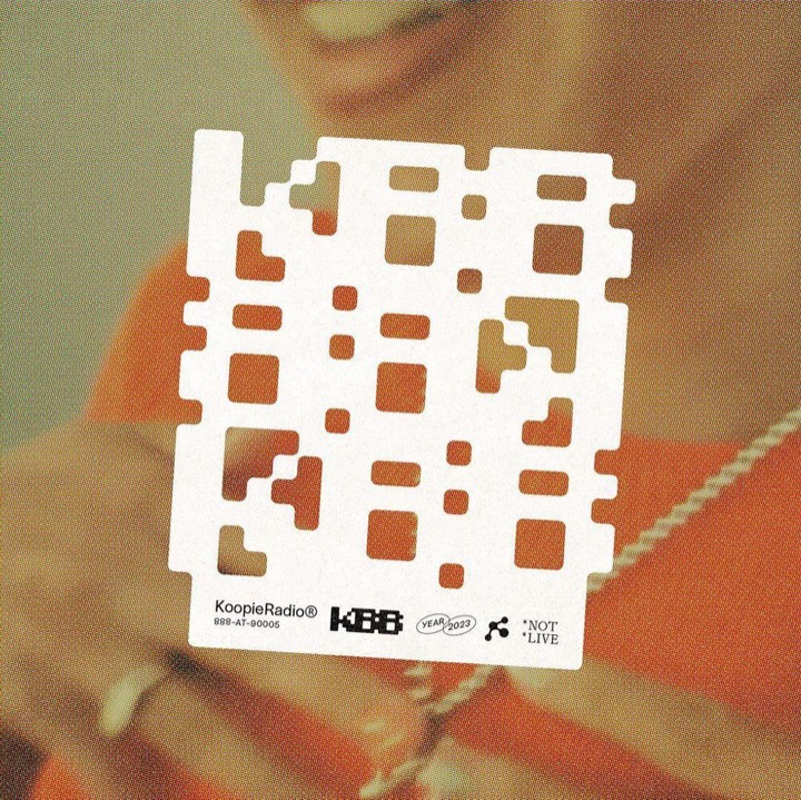 Rounded-square QR-like grid on off-white card, warm rust and ochre gradients with heavy print grain, plus micro-type product codes.