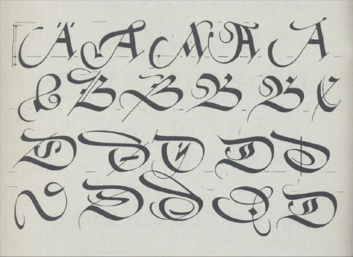 Scanned lettering-manual page of broad-nib capital variants for A, B, C and D, each with construction guides showing stroke logic behind the flourishes.
