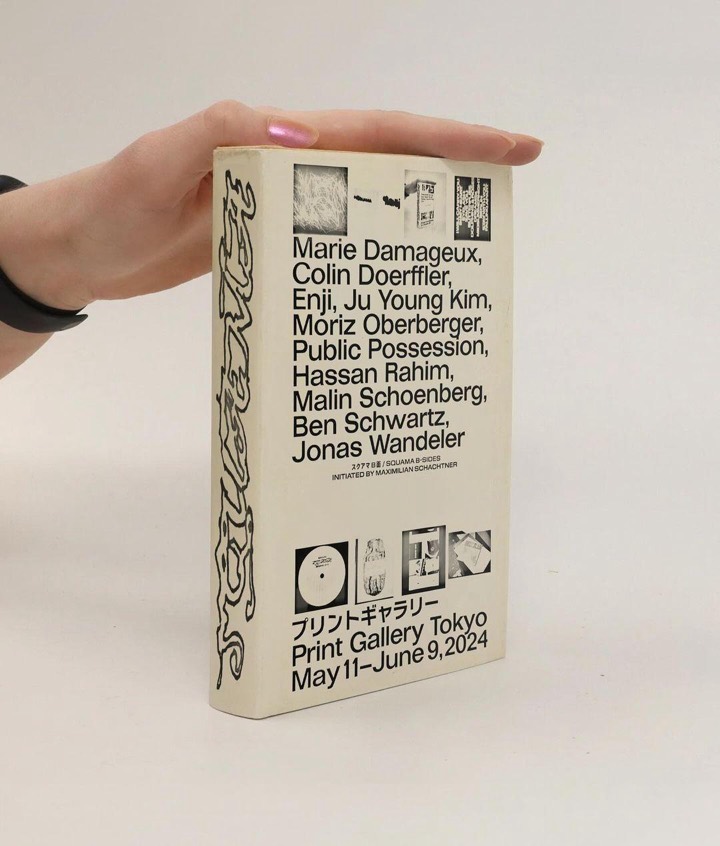 Squama B-Sides exhibition print, tight grotesk artist list on cream stock with hand-drawn outline lettering running vertically up the spine.