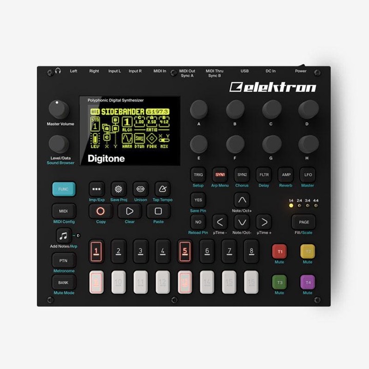 Elektron Digitone top-down product shot, a masterclass in dense hardware labelling with color-coded secondary functions on black.