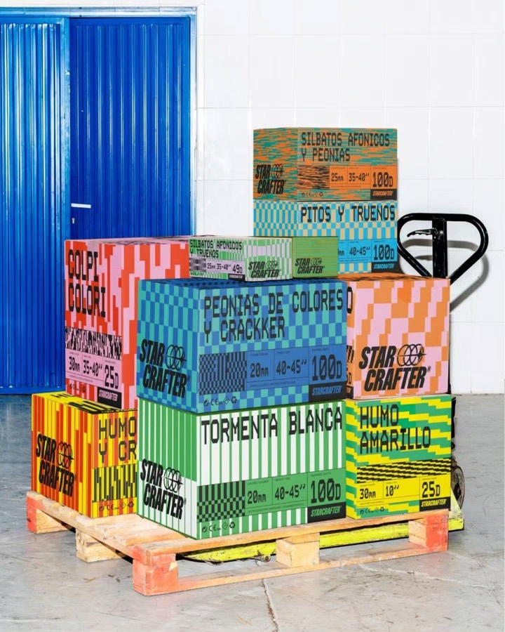 Fireworks packaging for Starcrafter, pixelated two-color patterns and heavy condensed type across a whole cartons system.