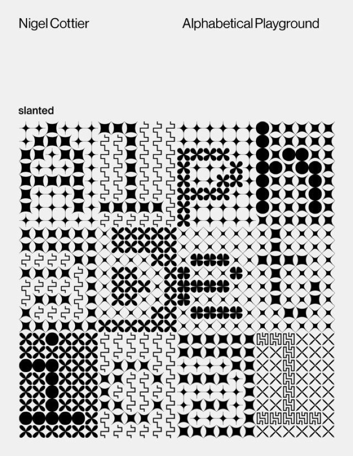Book cover building letterforms from dense geometric tile patterns, a strong reference for modular type systems and grid-based pattern making.