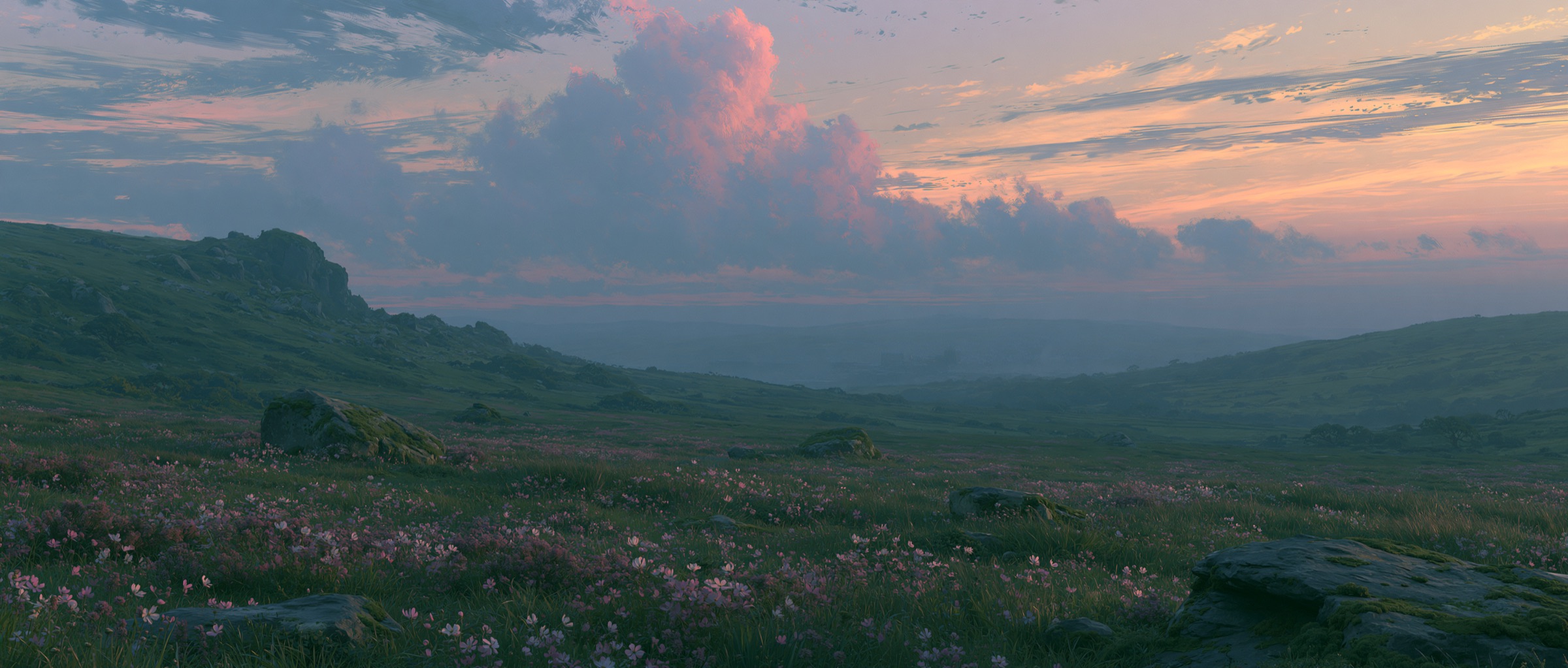 A moorland under a pink evening sky.